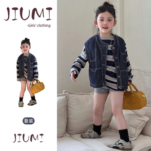 女童春季韩版牛仔马甲条纹上衣短裤套装宝宝休闲潮酷百搭宽松套装