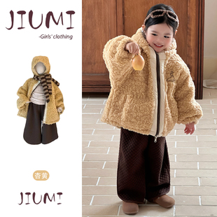 女童韩版秋冬加厚保暖羊羔毛套装女宝宝两面穿外套菱格夹棉裤套装