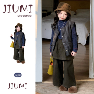 女童春季韩版休闲百搭叠穿套装女宝宝洋气时髦马甲内搭裙裤两件套