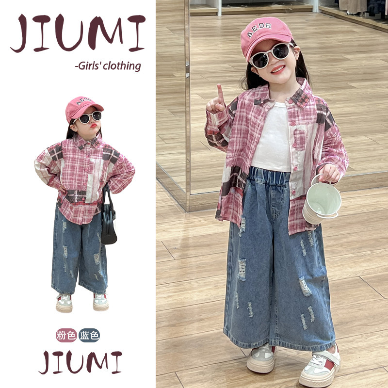 女童秋季新款韩版套装女宝宝格子涂鸦衬衣宽松破洞阔腿牛仔裤套装