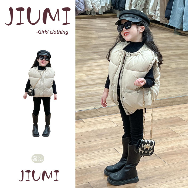 女童秋冬新款马甲套装宝宝米色棉背心黑色打底毛衣弹力加绒裤套装