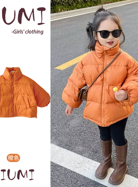 女童韩版纯色羽绒服女宝宝中长款橙色立领无帽防寒保暖宽松羽绒服