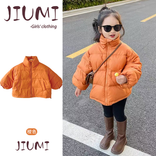 女童韩版纯色羽绒服女宝宝中长款橙色立领无帽防寒保暖宽松羽绒服
