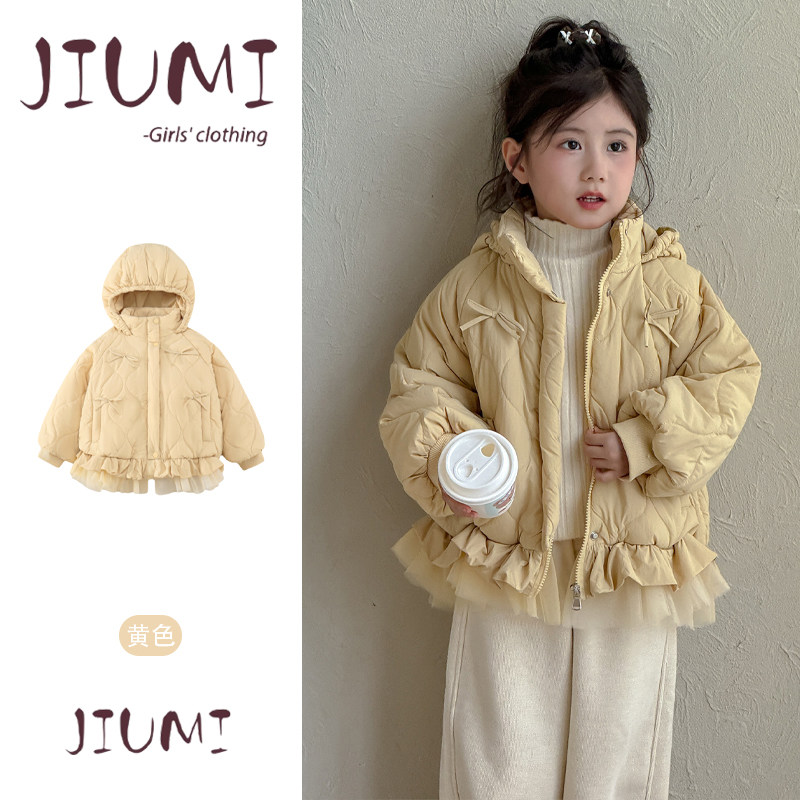 女童冬季韩版宽松舒适保暖棉服女宝宝连帽拼接网纱下摆甜美棉外套