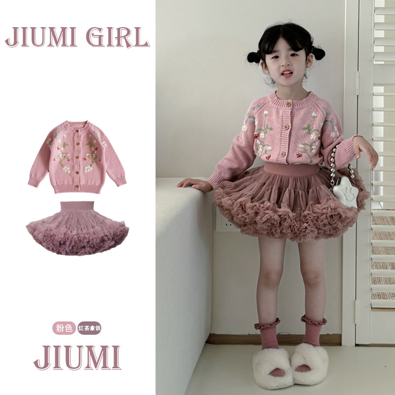 新款女童秋冬套装儿童针织毛衣手绣草莓花朵开衫蓬蓬凸凸裙两件套
