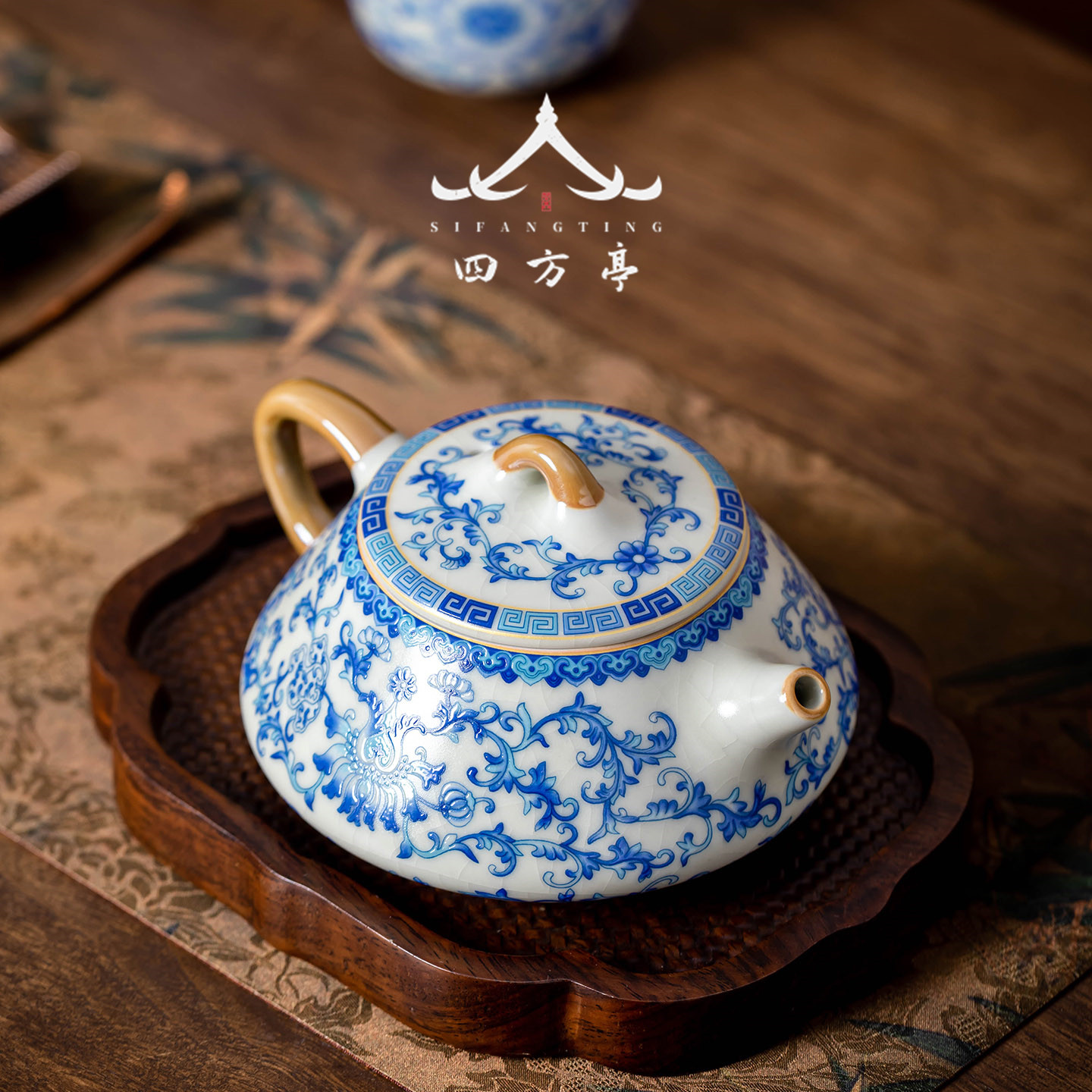 汝窑青花缠枝莲茶壶泡茶家用高档单个陶瓷石瓢壶功夫茶具泡茶器