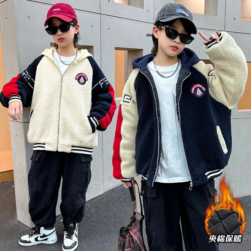 男童加厚外套秋冬装撞色拼接男孩棒球服秋冬季保暖毛毛衣儿童上衣