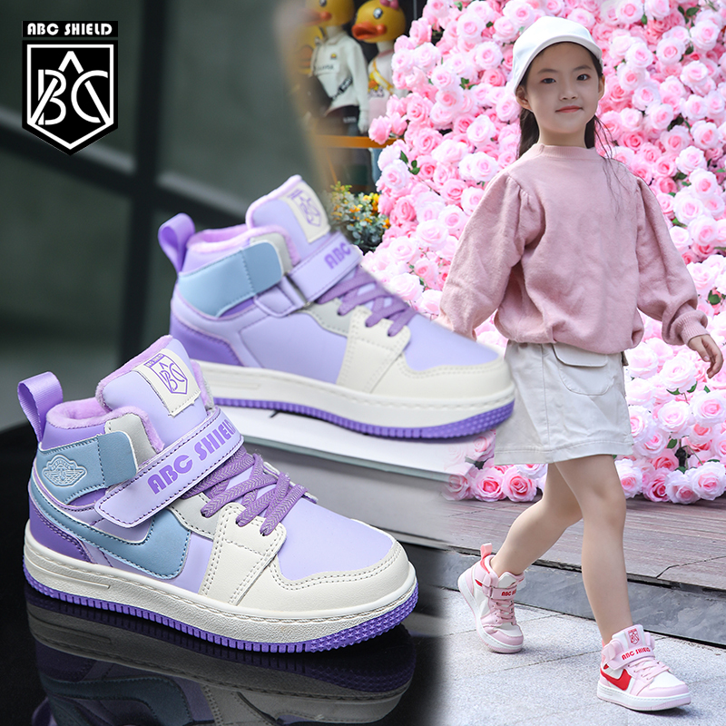 ABC SHIELD女童高帮二棉板鞋2025秋冬女孩AJ皮面防水轻便休闲潮鞋