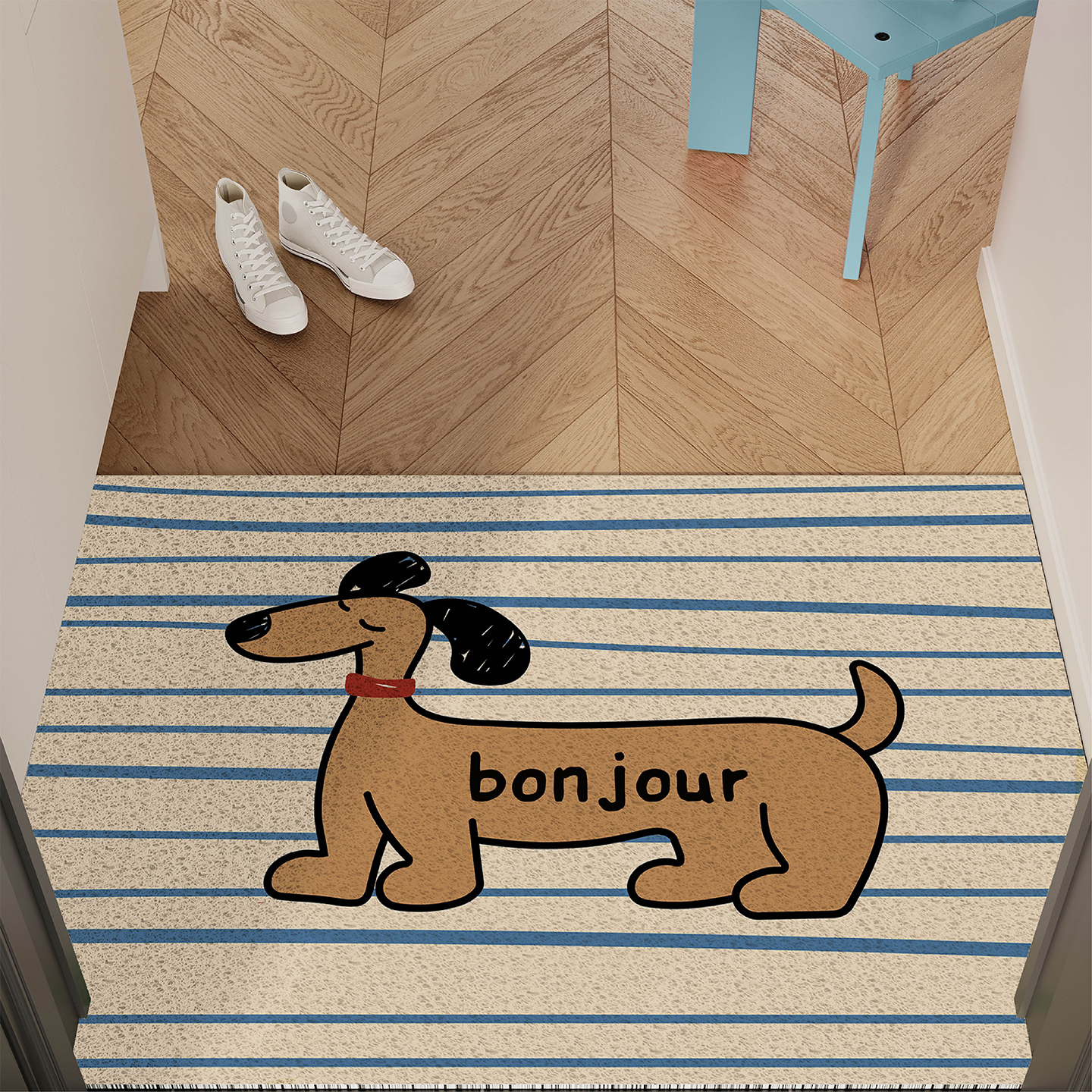 卡通条纹腊肠狗入户地垫丝圈防滑