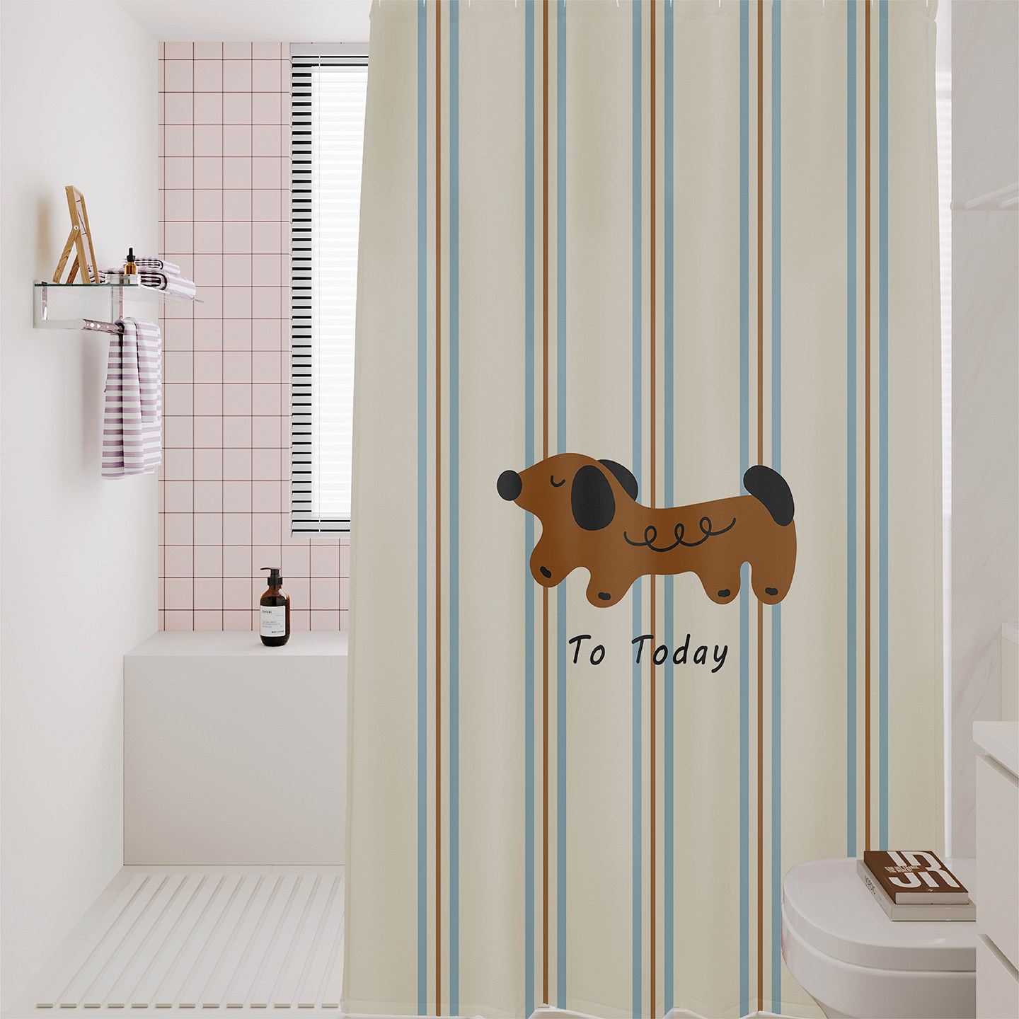 韩式条纹腊肠狗浴室浴帘卫生间淋浴洗澡干湿分离隔断防水防霉速干,家庭/个人清洁工具,浴帘,淘宝优惠券,粉丝福利购,淘宝优惠卷