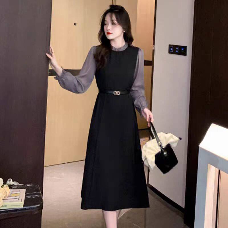 长袖连衣裙女高级感新款早秋季茶歇法式赫本风显瘦小黑裙女2007