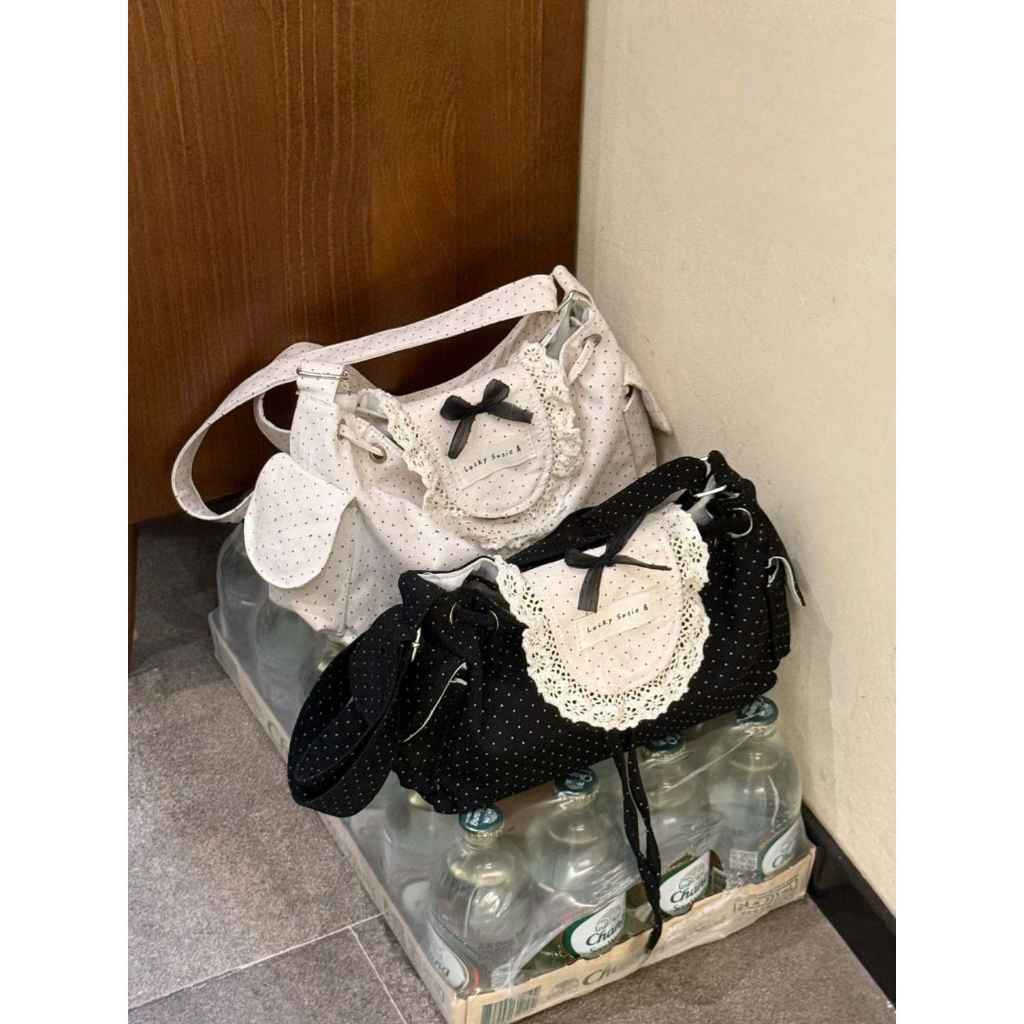 韩系甜美蕾丝波点单肩包可爱蝴蝶结斜挎包ins通勤时尚百搭托特包