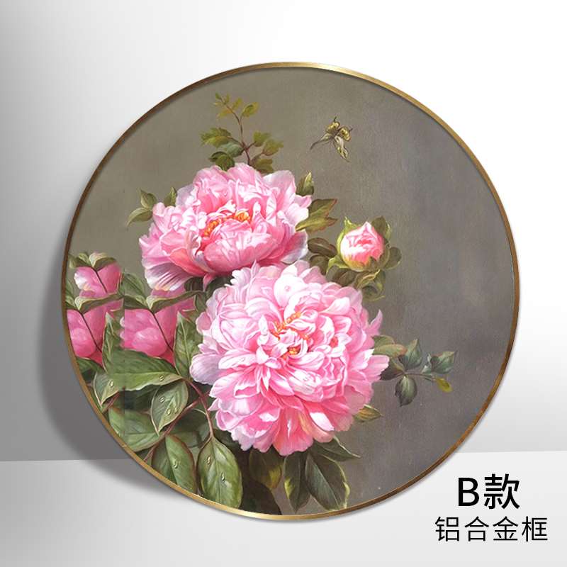 正品高端新中式牡丹油画装饰画客厅餐厅玄关别墅墙画手绘圆形花卉