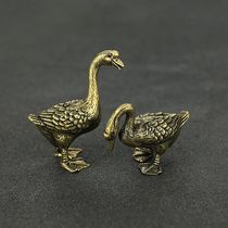 古玩古董纯实心黄铜对鹅小摆件仿古鹅如意手把件百年好合铜器杂项