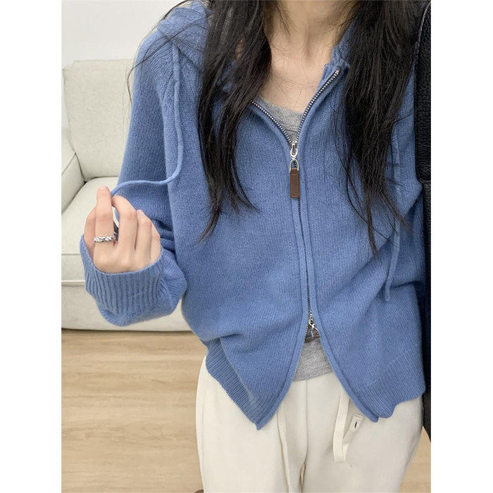 慵懒风短款蓝色拉链毛衣女 加厚开衫外套 2024年新款通勤穿搭,女装/女士精品,毛针织衫,淘宝优惠券,粉丝福利购,淘宝优惠卷