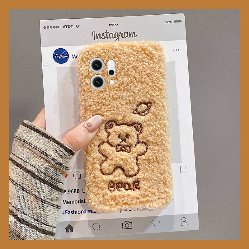 可爱线条小熊适用opporeno14手机壳reon13保暖12pro呆萌11秋冬季10por+十9毛绒7se毛茸茸5k卡通4se硅胶oppo软