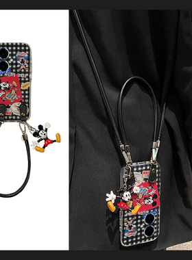 黑色格子米奇适用vivoy300i手机壳y200gt挂绳y100t挂件y200i卡通y77e斜挎y97硅胶y93s/y53/vivo/y35y33可背软