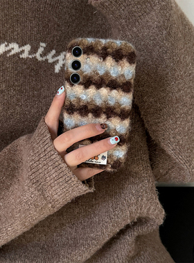 蓝棕撞色条纹kt猫适用三星s25edge手机壳s24plus贴纸s23+十s22卡通s21fe秋冬s20ultra毛绒s10软s9/s8/note20