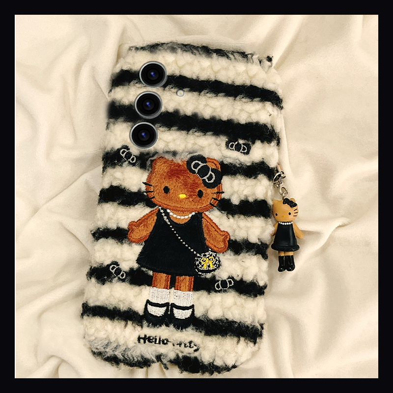 条纹刺绣kt猫适用三星s25edge手机壳s24plus可爱s23+十s22吊坠s21fe秋冬s20ultra毛绒s10卡通s9硅胶s8/note20