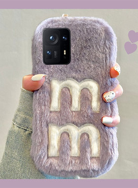 毛绒绒刺绣字母M适用小米civi3手机壳civi2毛茸茸mix4日韩civi1s紫色mix3个性mix2简约mi米绒毛秋冬毛毛小众
