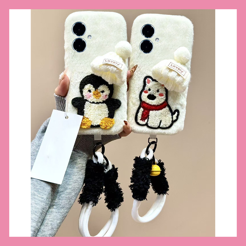 刺绣帽子企鹅小狗适用vivoy500手机壳y300i铃铛y200gt挂绳y100t秋冬y50m毛绒y77e毛茸茸97软y93s/y53/t35/y33