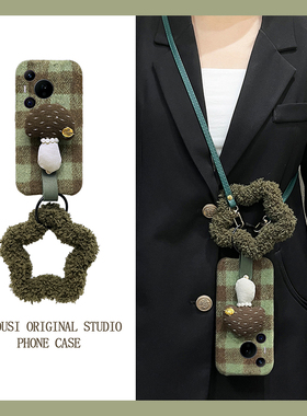 ins风格子蘑菇适用华为pura80pro+手机壳pura70ultra斜挎p60art手环40por+十p30秋冬p20毛绒p10plus可背卡通p