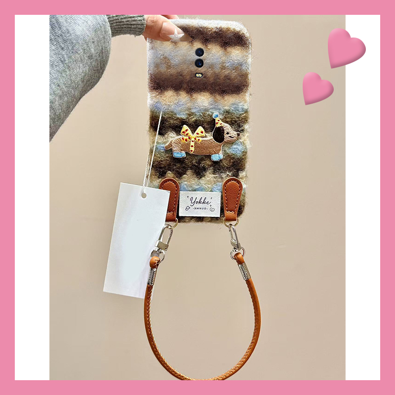 条纹刺绣腊肠狗适用oppor17pro手机壳r15x梦境版r11splus蓝棕r9s挂绳r7plus秋冬季r17毛绒oppo毛茸茸0pp0硅胶