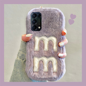 毛绒绒刺绣字母M适用opporeno4手机壳reno3pro毛茸茸3元气版5k日韩5+十5g紫色oppo个性简约绒毛秋冬毛毛小众