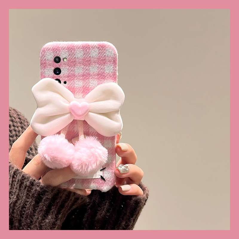 ins风粉色格子适用三星a90手机壳a80爱心a70s蝴蝶结a50吊坠a30毛绒a20毛茸茸a10秋冬a52软a8s/galaxy/a53/f52