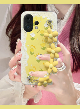 黄色碎花适用vivos30手机壳s30promini日韩迷你立体手腕带夏日por小清新三十液态vivo硅胶全包防摔新款手提软