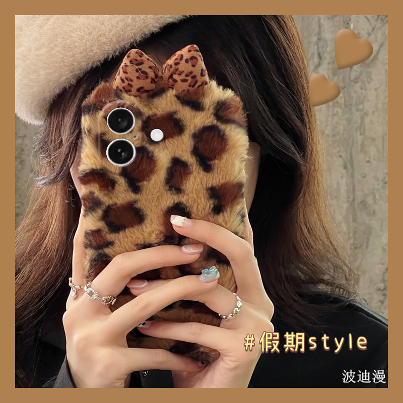 豹纹蝴蝶结适用苹果16pro手机壳iphone15立体14毛茸茸13日韩12毛绒绒11promax秋冬8plus毛毛xr女xsmax硅胶7p
