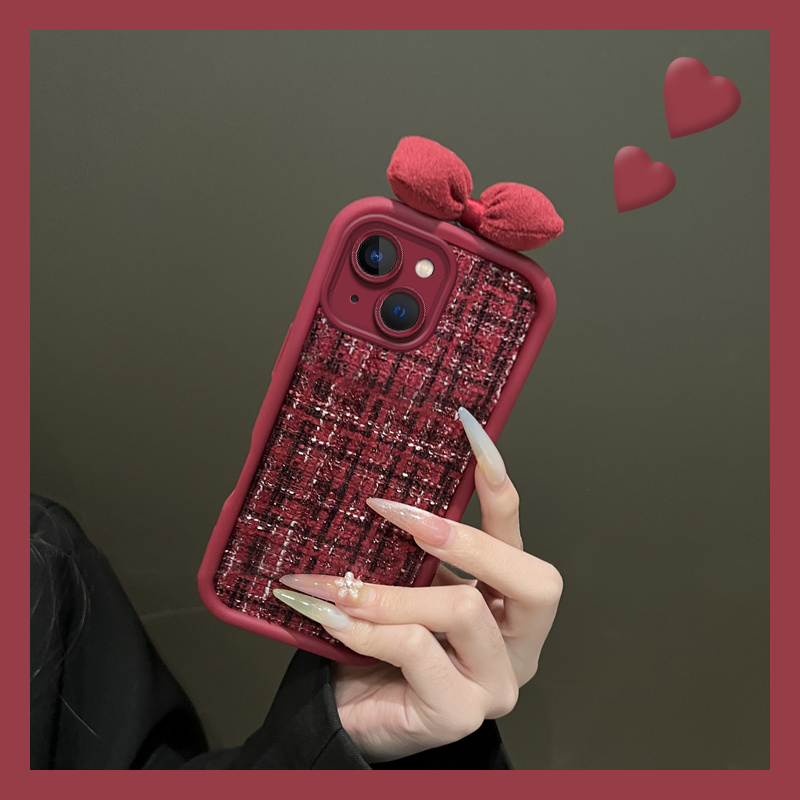 酒红色蝴蝶结适用苹果16手机壳iphone15promax格纹14plus新年13喜庆12绒布11p日韩8xr小香风7/xsmax/6s/se2/3