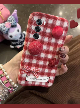 红色格子适用opporeno13手机壳reon12pro立体11十10纽扣10por+毛茸茸9日韩8复古7se秋冬季6毛绒绒5k硅胶0ppo