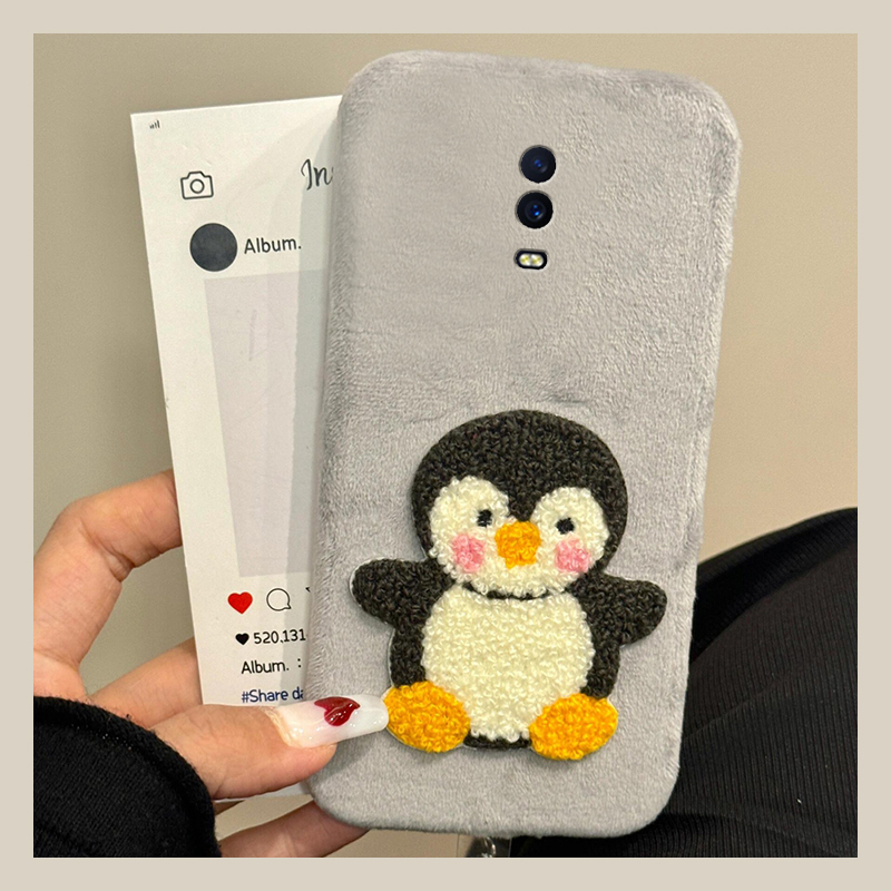 呆萌刺绣企鹅适用oppor17pro手机壳r15x梦境版r11splus立体r9s手提绳r7plus秋冬季r17绒布oppo毛茸茸0pp0卡通