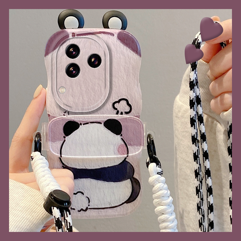 手机壳背夹斜挎挂绳油画熊猫耳朵卡通女