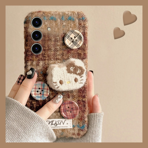 拼色格纹纽扣kt猫适用三星s25edge手机壳s24plus立体s23+十s22卡通s21fe秋冬季s20ultra毛绒s10/s9/s8/note20