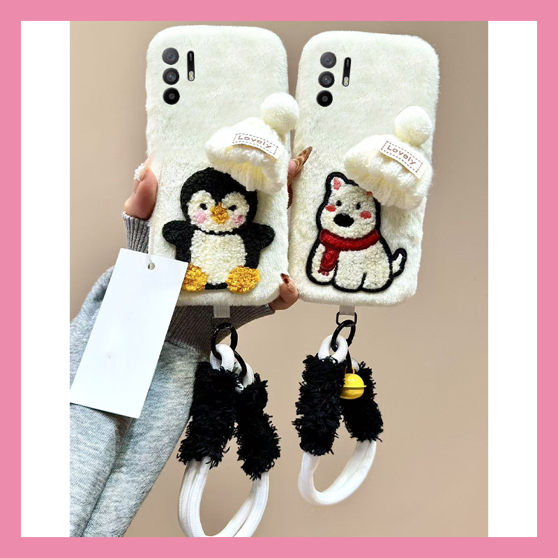 刺绣帽子企鹅小狗适用oppoa3pro手机壳a2x铃铛a1挂绳a97秋冬a96毛绒a95a93a91a72a58a57a52a32a11a9a31a8a5软