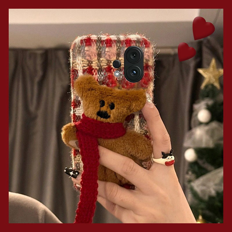 格子红色围巾小熊适用vivos30promini手机壳s20立体s19pro卡通s17t秋冬季s16e毛茸茸t1绒布s15软s12s10s9s7s1