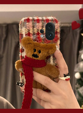格子红色围巾小熊适用vivos30promini手机壳s20立体s19pro卡通s17t秋冬季s16e毛茸茸t1绒布s15软s12s10s9s7s1