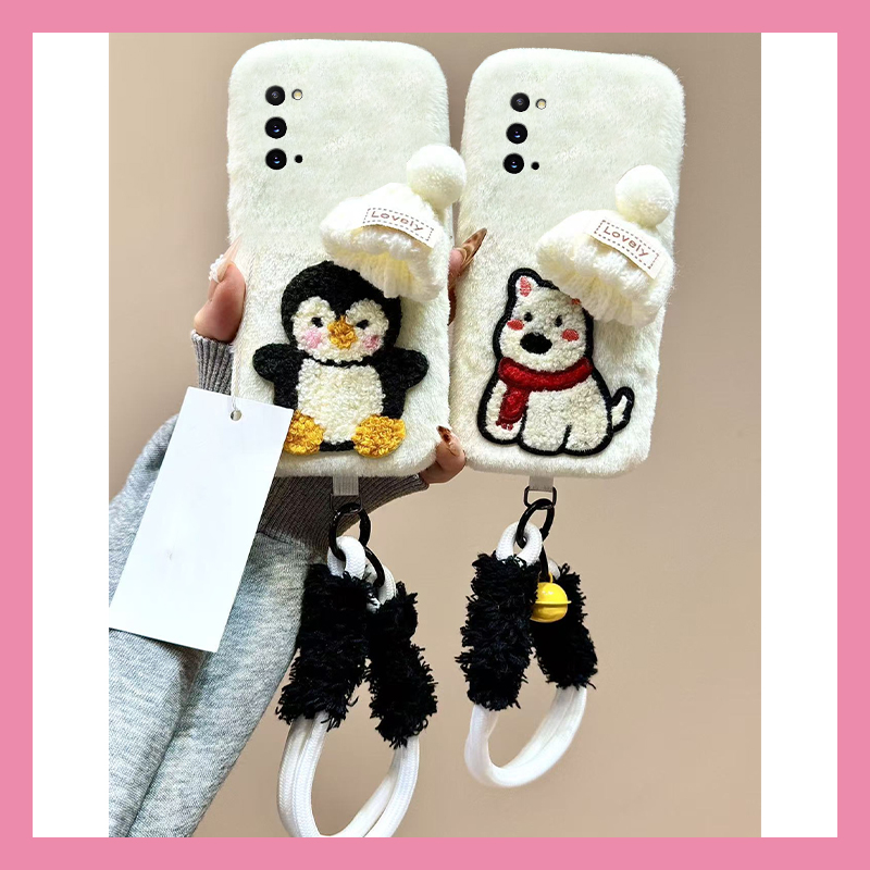 刺绣帽子企鹅小狗适用三星a90手机壳a80铃铛a70s挂绳a50秋冬季a30毛绒a20毛茸茸a10软a52/a8s/galaxy/a53/f52