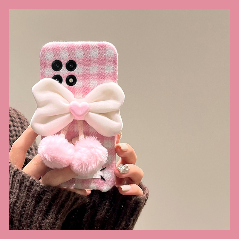 ins风粉色格子适用oppo一加12手机壳ace3爱心2pro蝴蝶结2v吊坠1毛绒9rt毛茸茸8t秋冬7tpro立体6t软1+oneplus