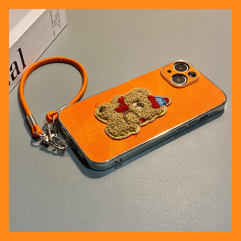 手机壳秋冬绒布牛仔纹橙色卡通刺