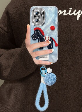 晕染蓝色刺绣小马适用oppo一加turbo6v手机壳ace6铃铛1+15挂件ace5pro挂绳3v羽纱12卡通11软acepro/1+oneplus