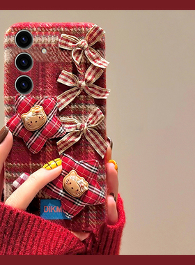 星星kt猫蝴蝶结适用三星s25edge手机壳s24plus红色s23+十s22条纹s21fe秋冬s20ultra毛绒s10卡通s9软s8/note20