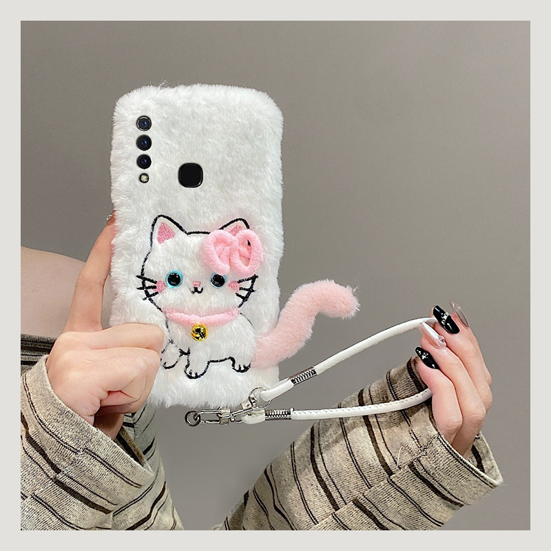 可爱铃铛猫咪适用vivoy9s手机壳y7s斜挎y5s可背带y3秋冬季u3x绒布z6毛绒z5x毛茸茸z3i立体z1i卡通y9s挂绳vivo