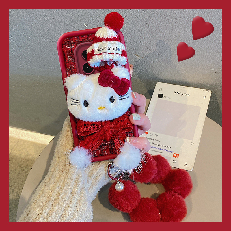 毛绒围巾kt猫适用小米红米note14pro+手机壳noto13帽子12毛球11turbo十11tpro挂链10绒布9日韩8小香风4g/5g软