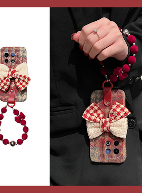 红色格子适用vivoy300i手机壳iqooneo9spro可爱neo9挂链z8x立体12毛绒绒y200pro秋冬季200i新年200gt硅胶100t