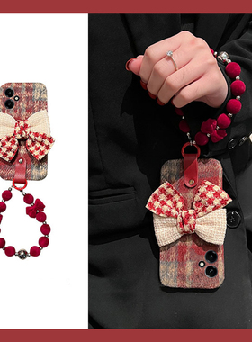 ins风拼色蝴蝶结适用华为荣耀400pro手机壳300ultra挂链200lite斜挎100毛茸茸90秋冬季80se/x70i/x60i+十50se