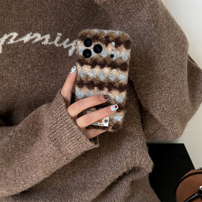 蓝棕撞色条纹kt猫适用苹果17promax手机壳华为pura80荣耀400pro小米15贴纸vivos30毛绒opporeno14秋冬季x300