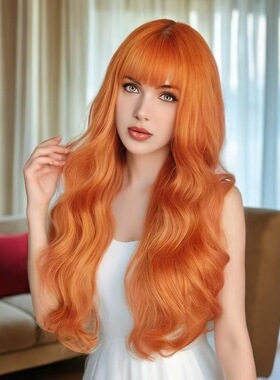 外贸欧美橙色假发长卷发齐刘海大波浪头套玫瑰网化纤橘色假发